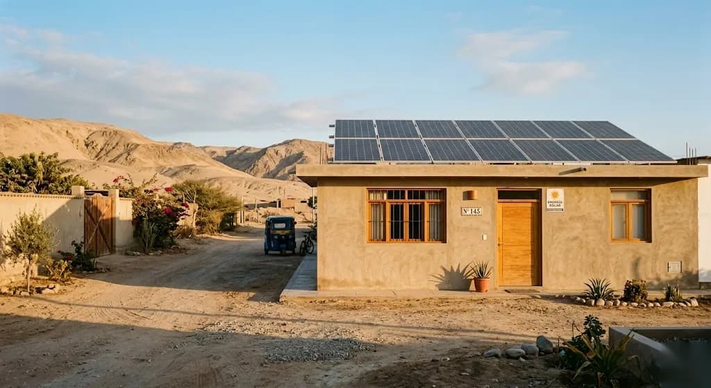 Casa peruana moderna en Ica con paneles solares en el techo plano, fachada color arena bajo luz dorada de tarde y cerros áridos al fondo