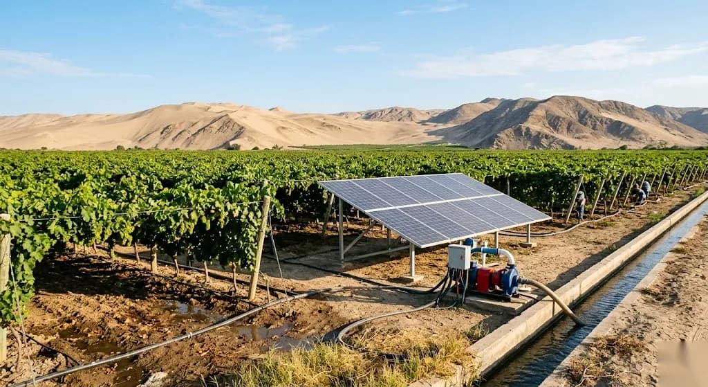 Sistema de riego y bombeo solar al borde de un viñedo (parrón) en el desierto de Ica, con paneles alimentando una bomba de agua junto a líneas de goteo