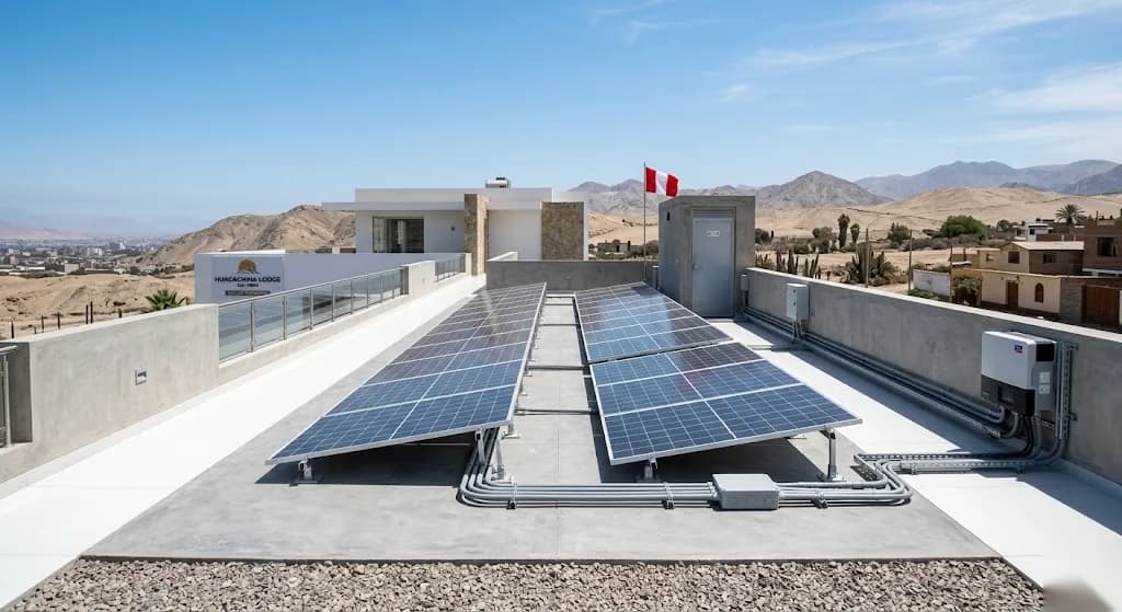 Instalación de paneles solares sobre la terraza-techo de un negocio moderno en Ica, con conduit ordenado y cerros áridos al fondo bajo cielo despejado