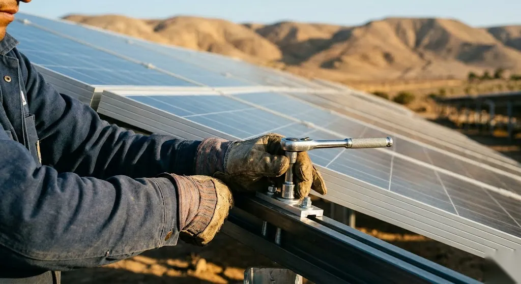 Manos de un técnico con guantes de trabajo ajustando la estructura de aluminio de un panel solar, con paneles soleados y los cerros áridos de Ica desenfocados al fondo