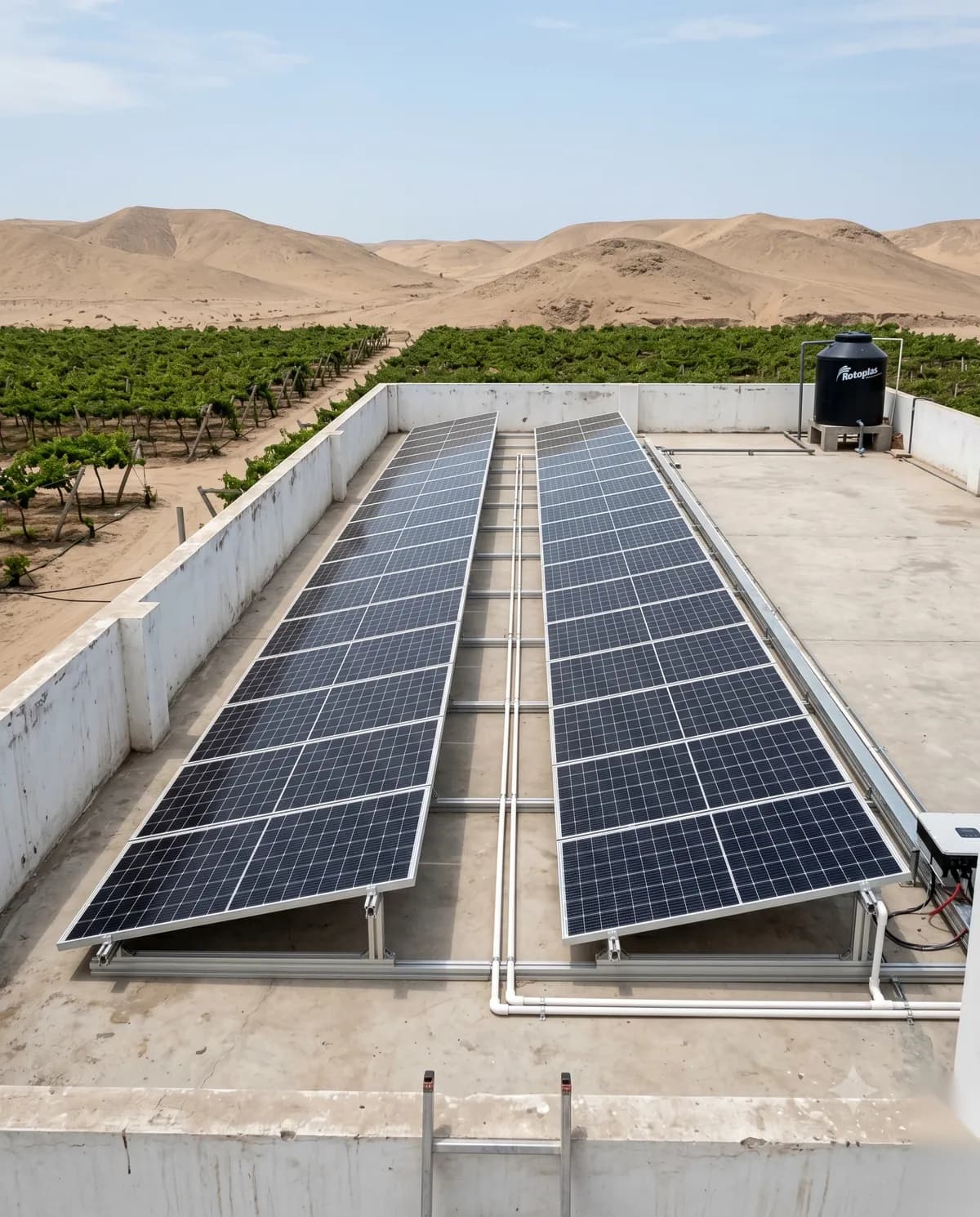 Instalación de paneles solares sobre la azotea de una empresa agroindustrial en Ica, con parapeto blanco, tanque de agua y un viñedo de parrón con cerros áridos al fondo